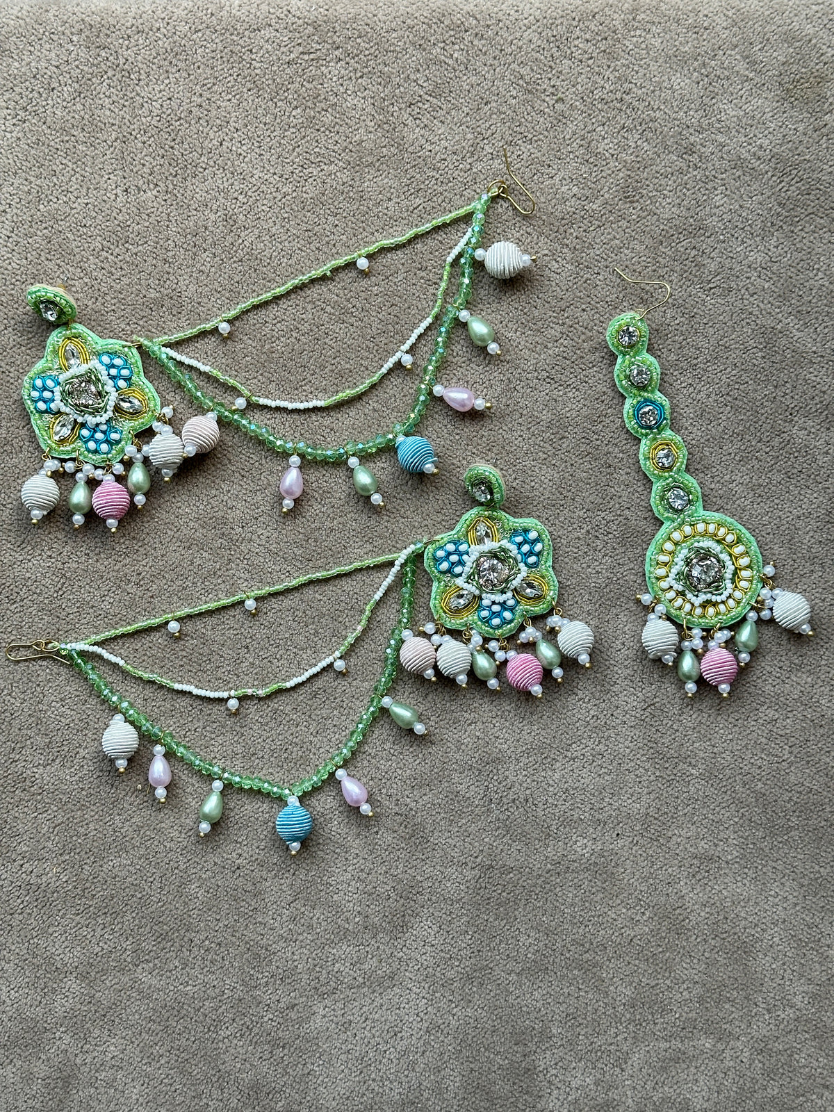 Mint Green Beaded Bridal Jewellery Set – Necklace, Earrings, Tikka & Hathphool
