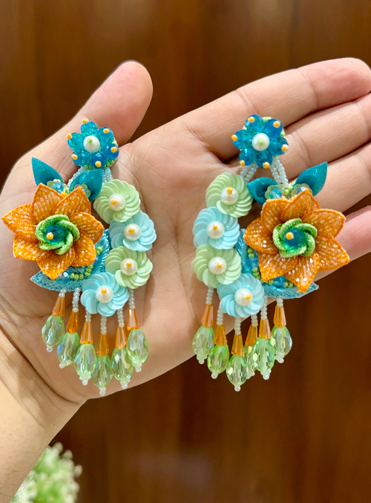 Orange & Aqua Floral Beaded Statement Earrings