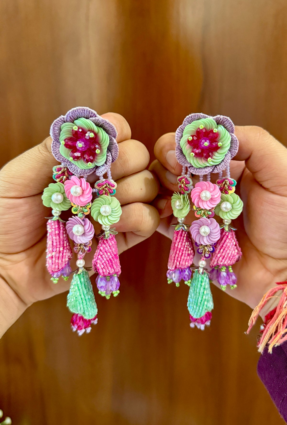 Pink & Mint Floral Beaded Tassel Earrings