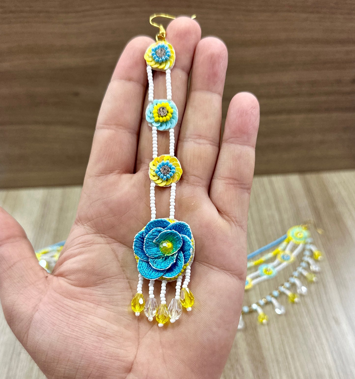 Beaded Handmade Jewellery Ferozi Yellow Earring Tikka Set
