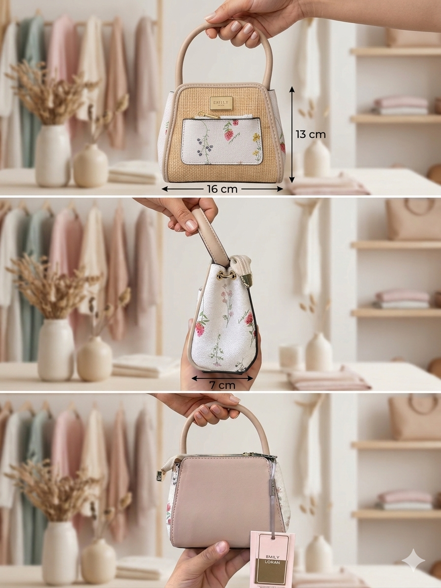 Floral Accented Straw & Leather Mini Tote
