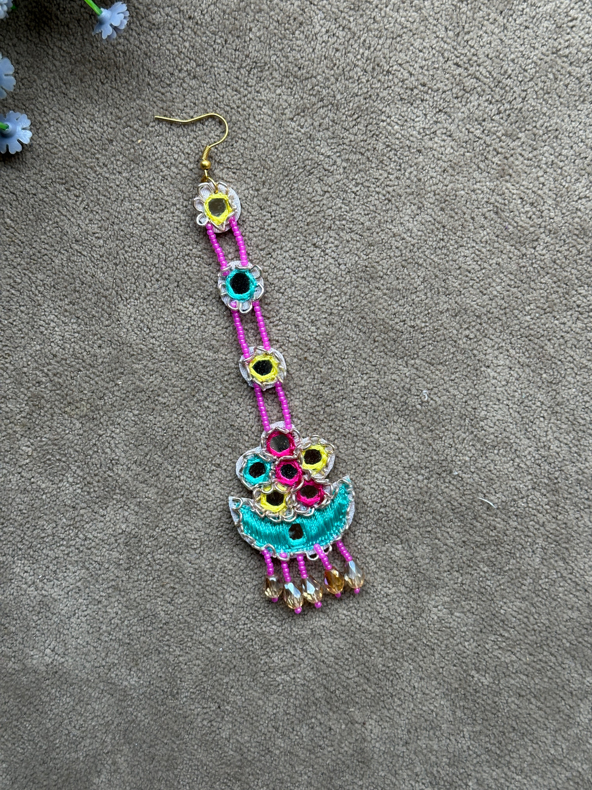 Multicolour Beaded Earring Tikka Set with Mirror Work & Mini Jhumki Chain
