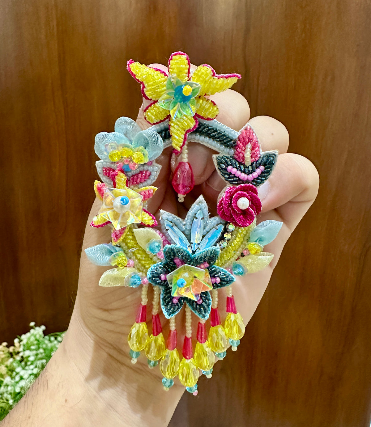 Multicolour Floral Beaded Statement Earrings with Yellow Drops