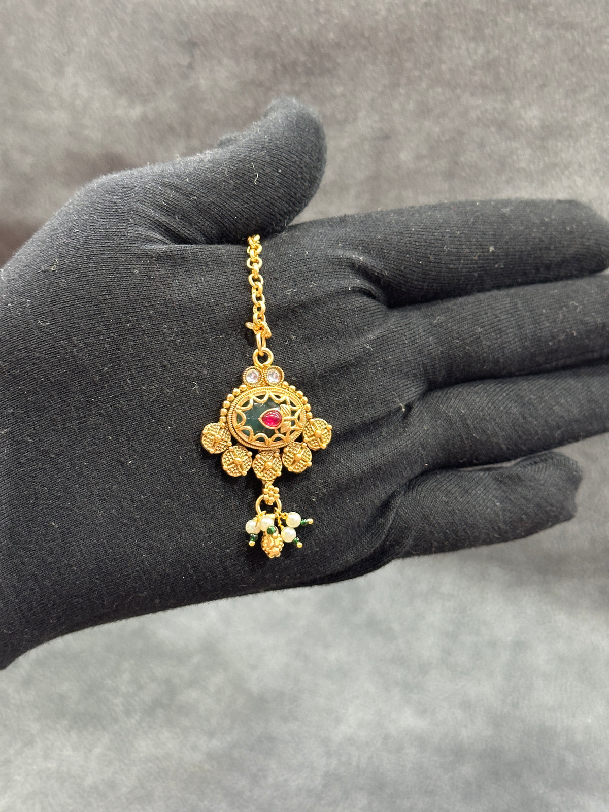 Antique Gold Emerald Bridal Double Necklace Set with Maang Tikka & Earrings NS00025