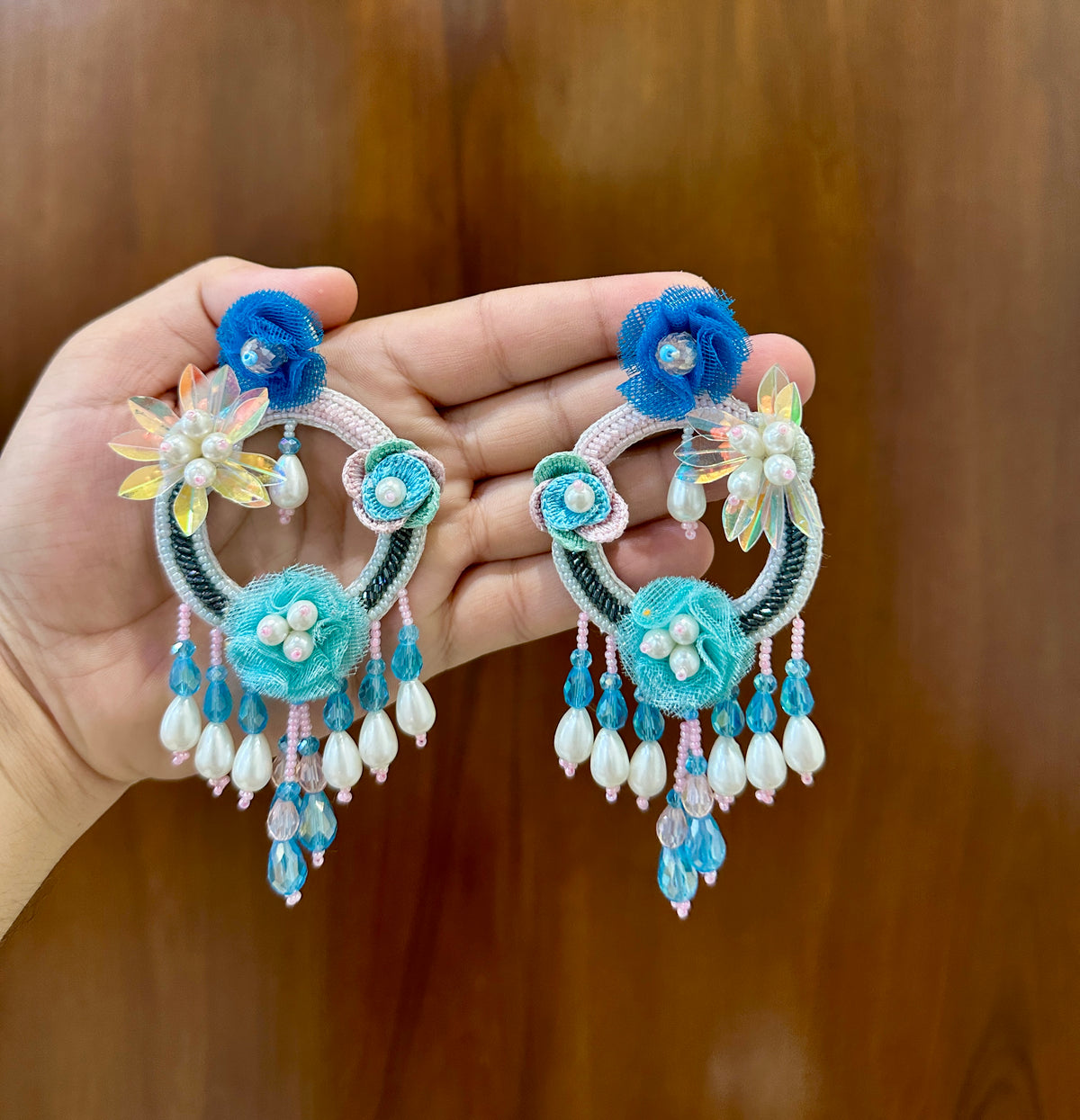 Blue & Aqua Handmade Beaded Floral Hoop Drop Earrings