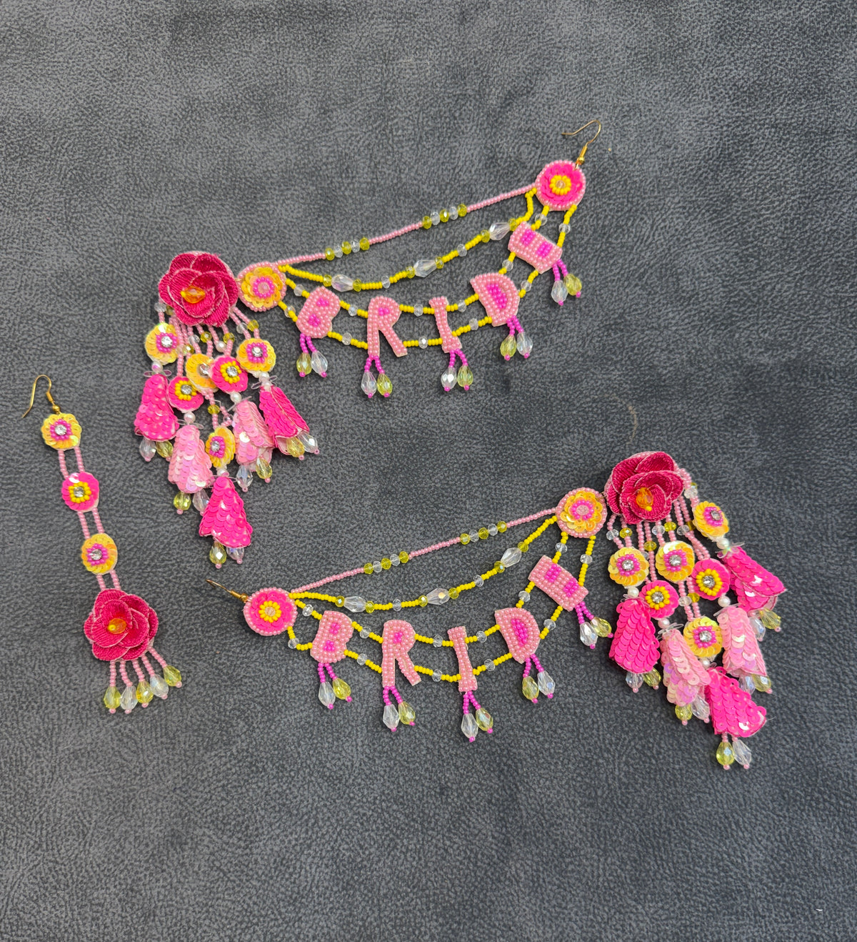 Pink & Yellow Floral BRIDE Earring Tikka Set