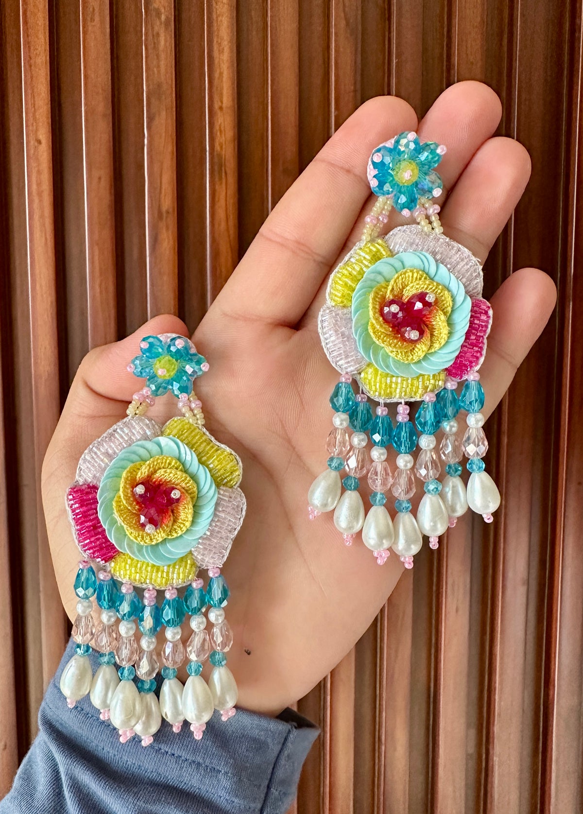 Multicolour Floral Beaded Earrings with Pearl-Look Drops