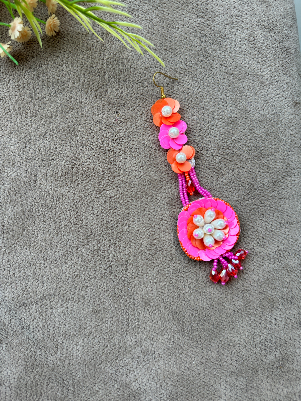 Floral Beaded Chandbali Earring Tikka Set – Hot Pink & Orange
