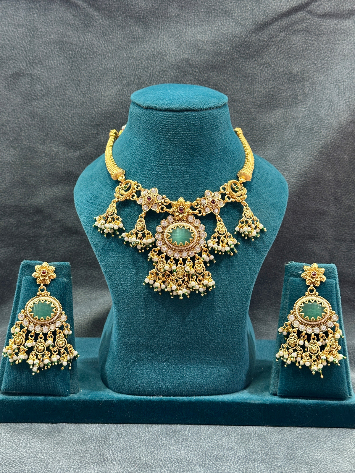 Antique Gold Emerald Kundan Necklace Set with Pearl Drop Earrings NS00030