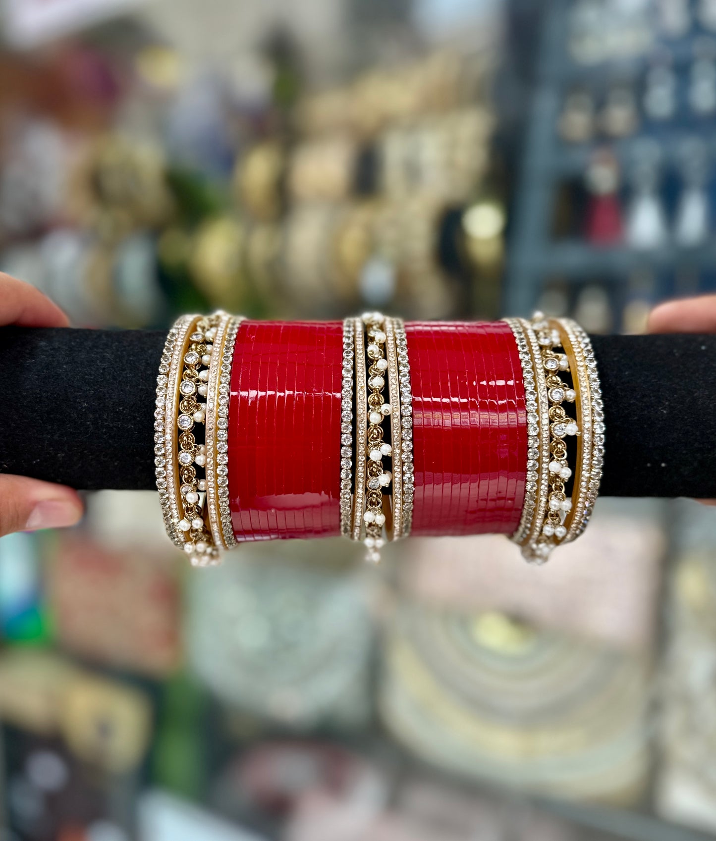 Bridal Chura Rich Red Kashmiri Bangles Hanging pearl BDH016