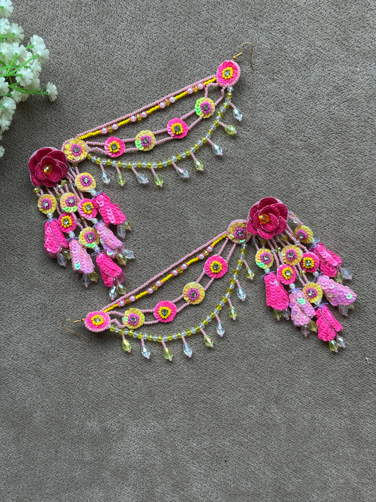 Beaded Handmade Jewellery Pink Yellow Earring Tikka Set