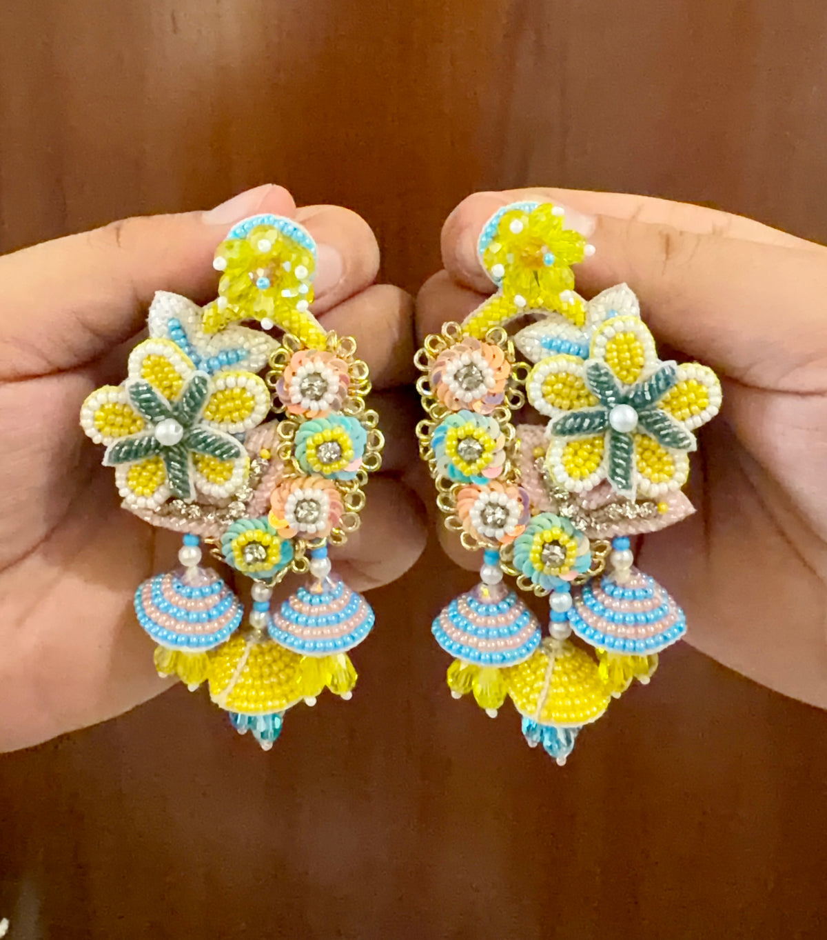Yellow & Aqua Floral Handmade Beaded Jhumka Earrings