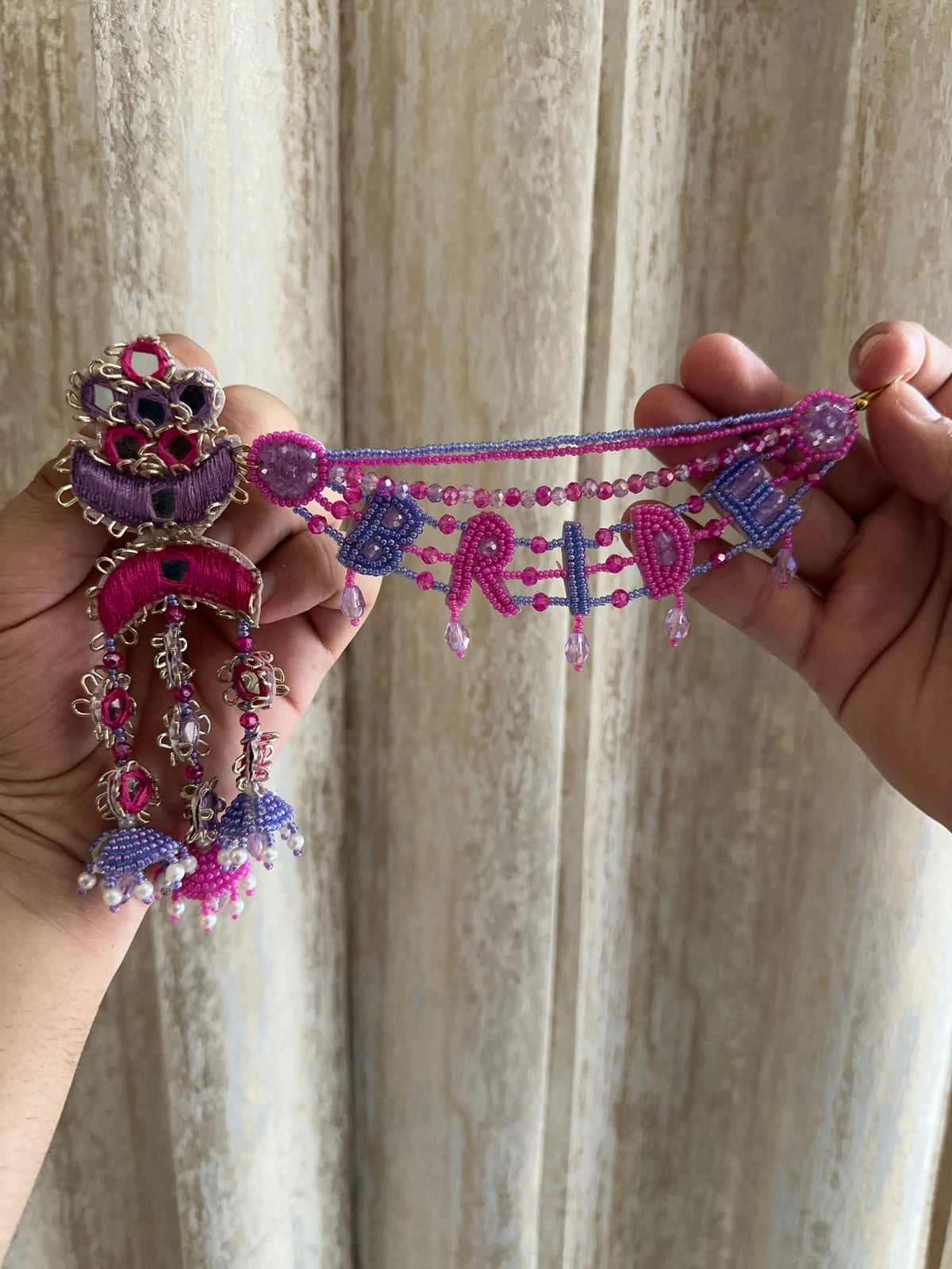 Bride Beaded Saankal Earring Tikka Set | Fuchsia & Periwinkle Mirror Work Chandelier Jhumki