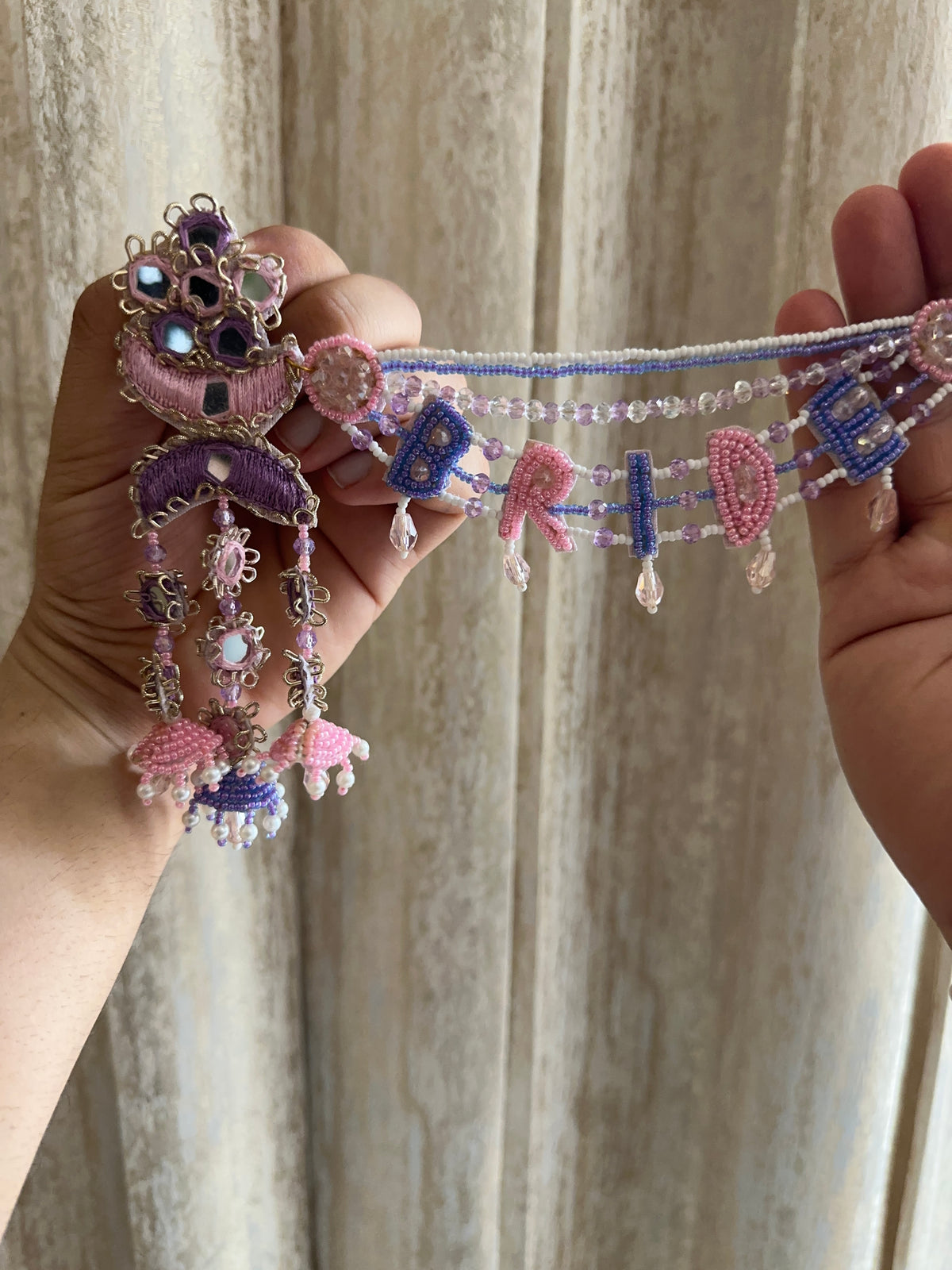 Bride Beaded Saankal Earring Tikka Set | Lavender, Pink & Blue Mirror Work