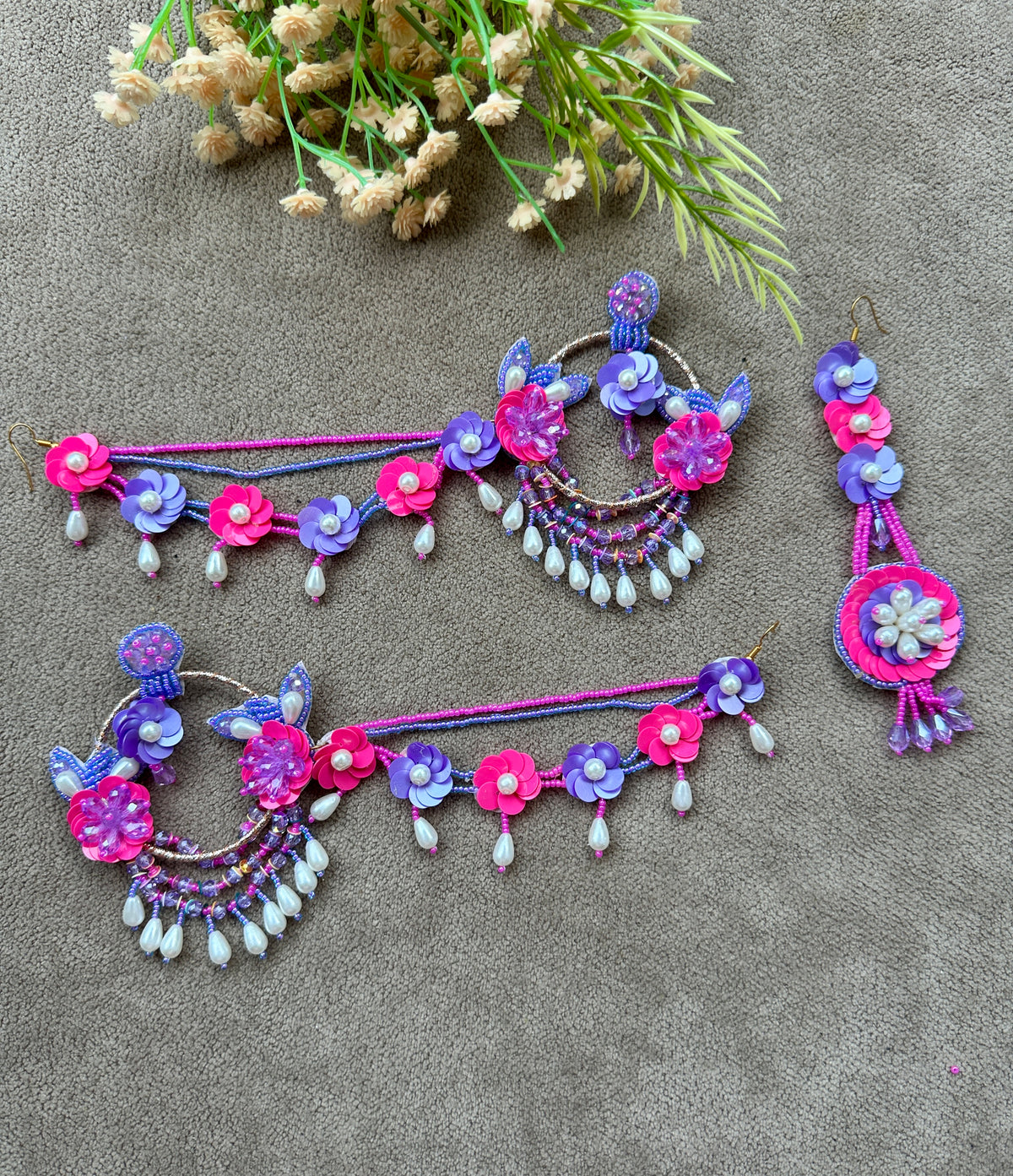 Floral Beaded Chandbali Earring Tikka Set – Pink & Purple