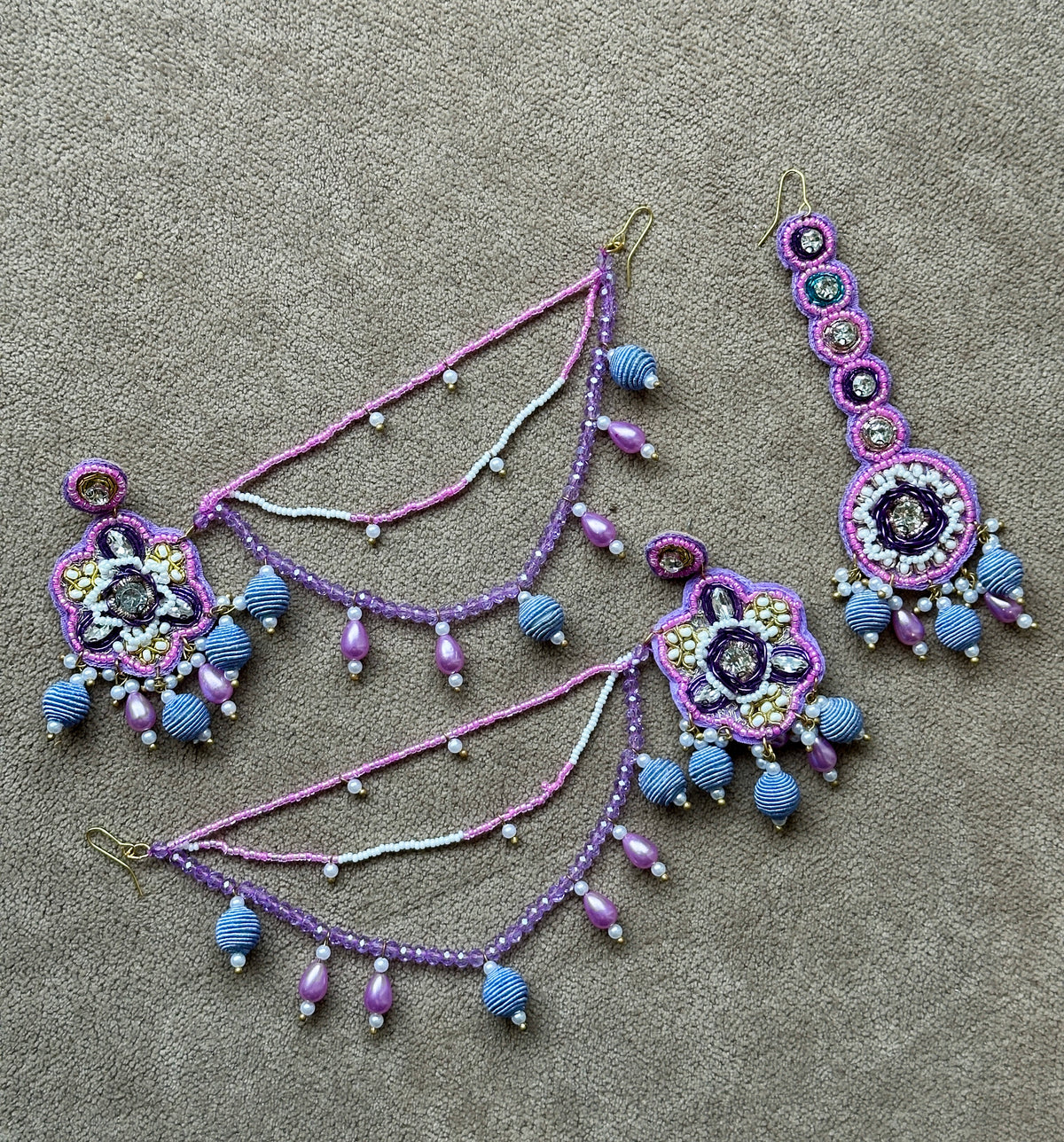 Lavender Beaded Bridal Jewellery Set – Necklace, Earrings, Tikka & Hathphool
