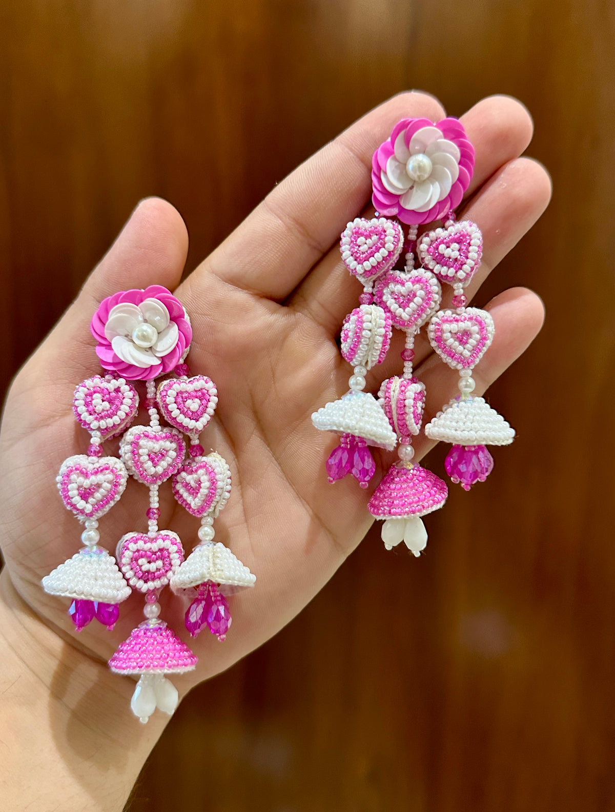 Pink & White Handmade Beaded Heart Jhumka Earrings