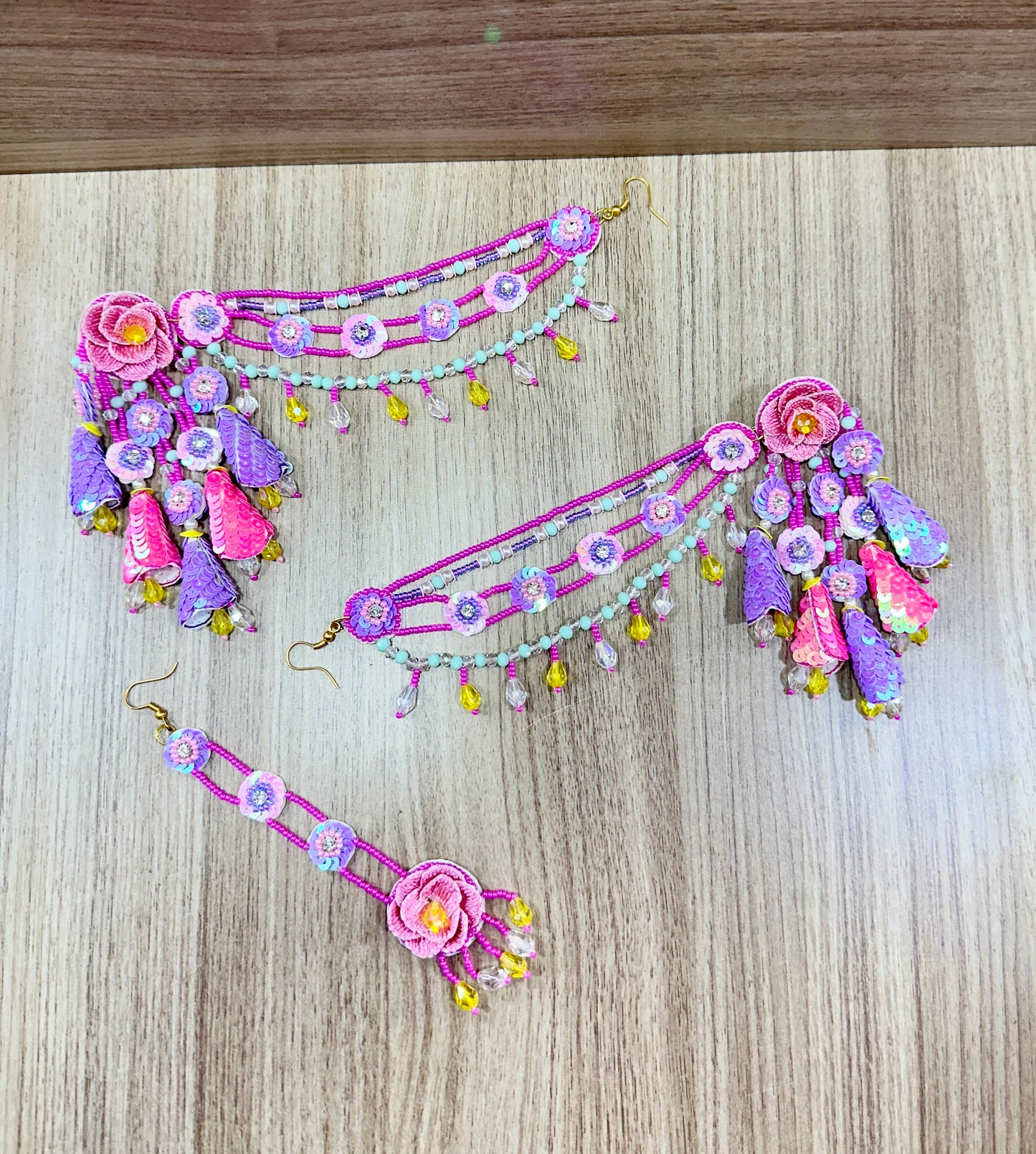 Beaded Handmade Jewellery Purple Pink Earring Tikka Set