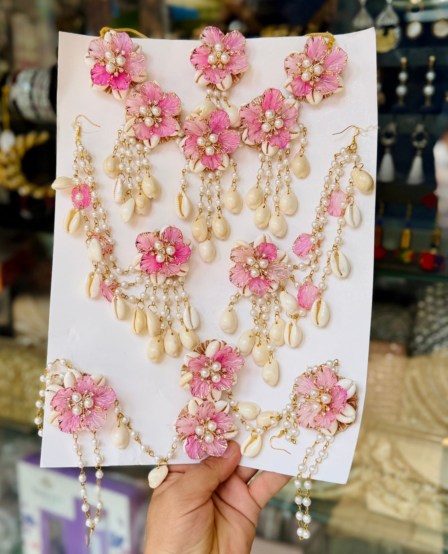 Blush Pink & Pearl Floral Bridal Shells Jewellery Set.