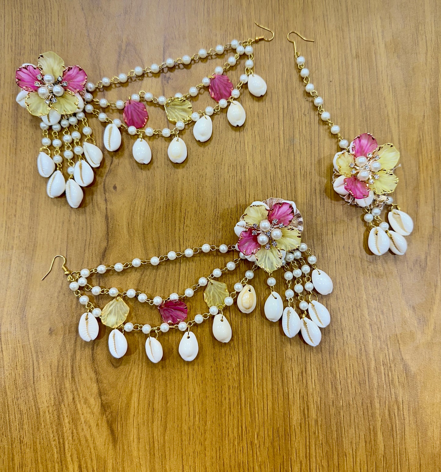 Yellow Pink Shells Earring Tikka Set