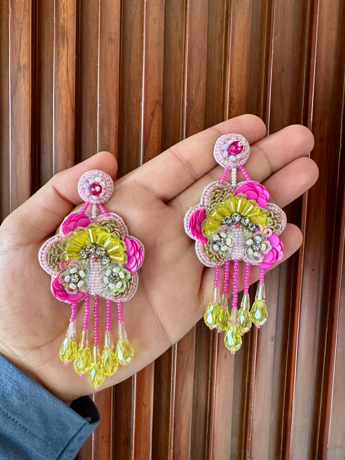 Pink & Yellow Floral Beaded Statement Earrings