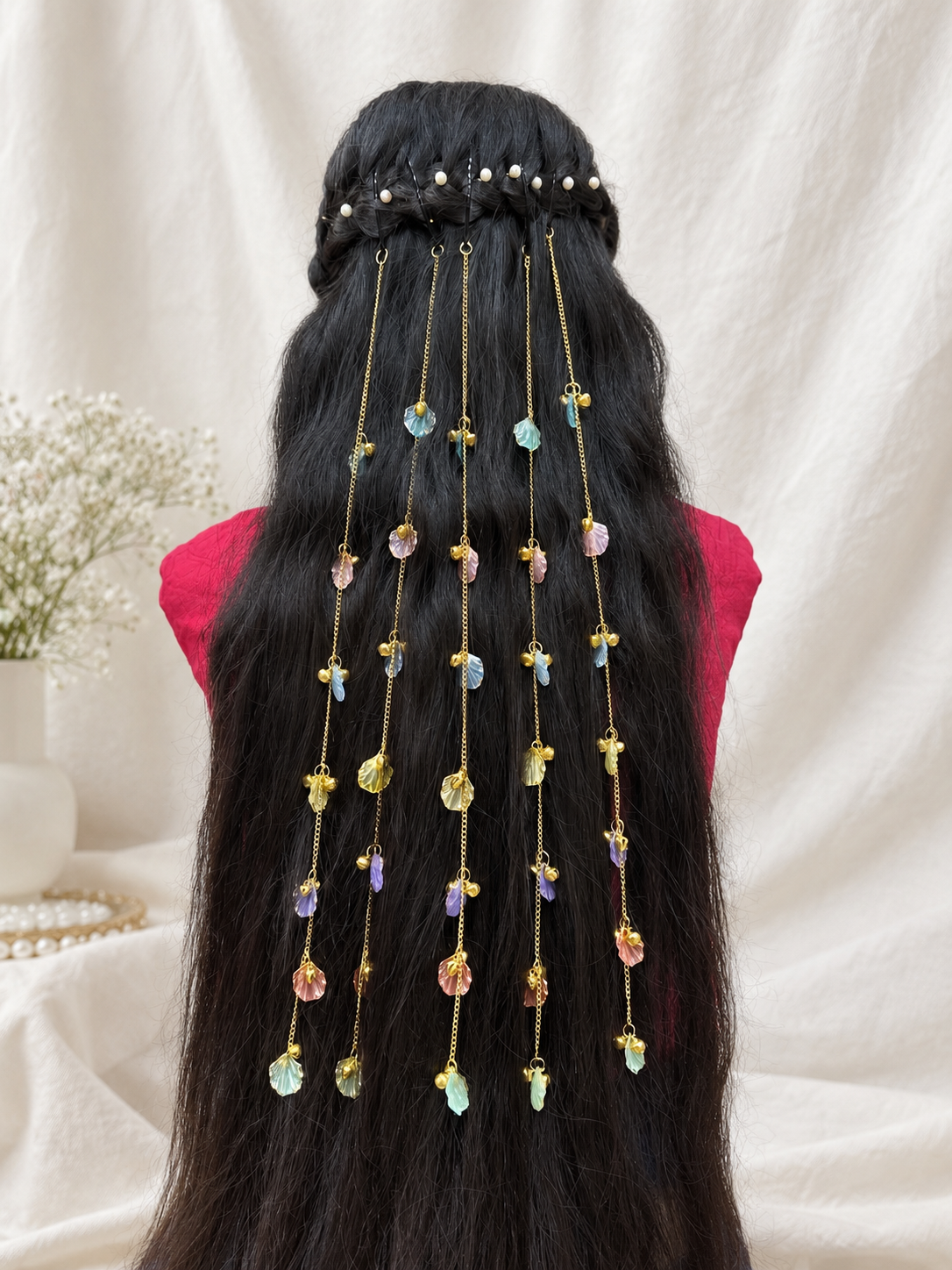 Pastel Petals Cascade Hair Chain | Bridal & Haldi Hair Accessory 5 Chains