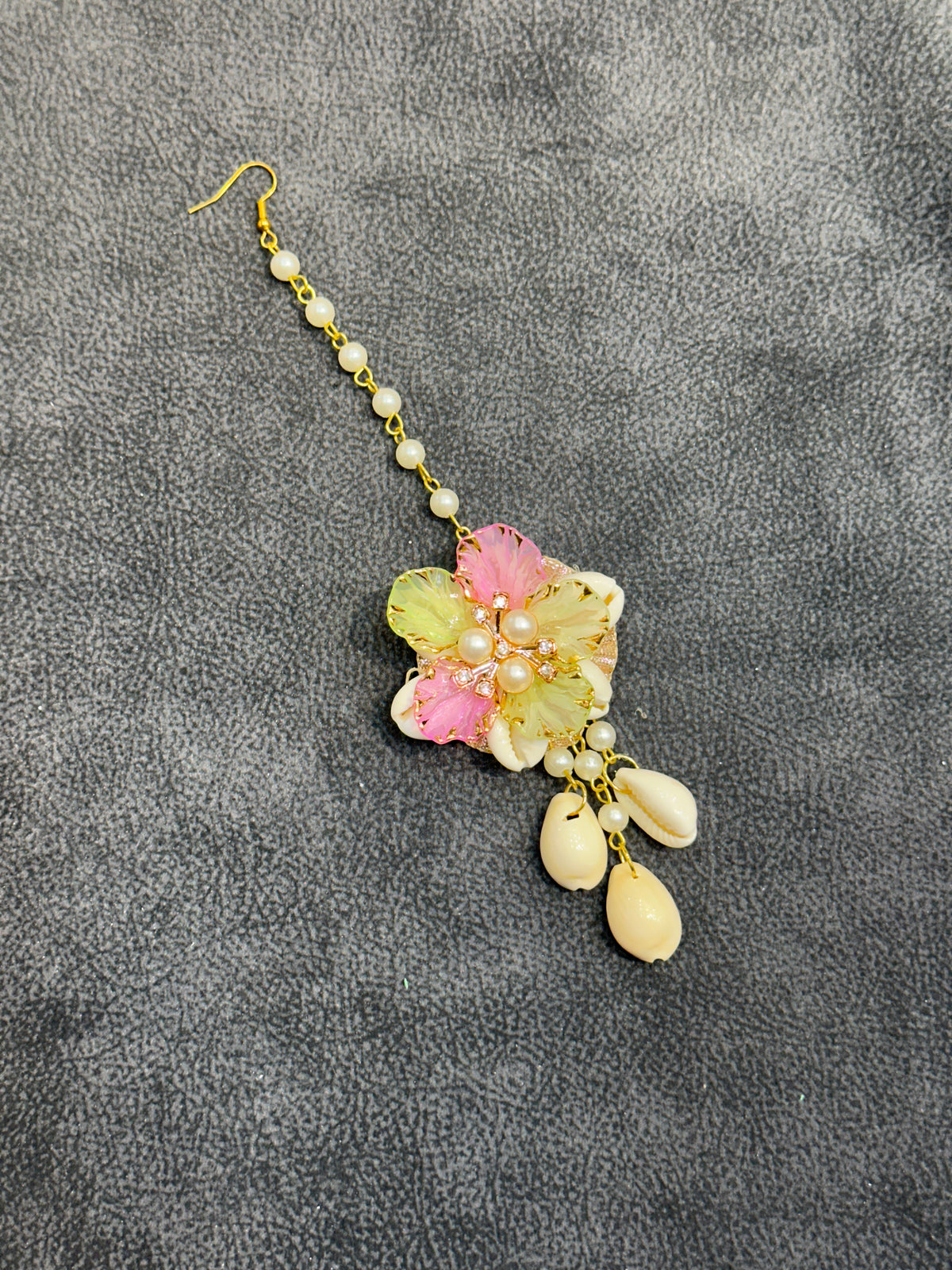 Pink & Sage Green Cowrie Shell Floral Earring Tikka Set ET006