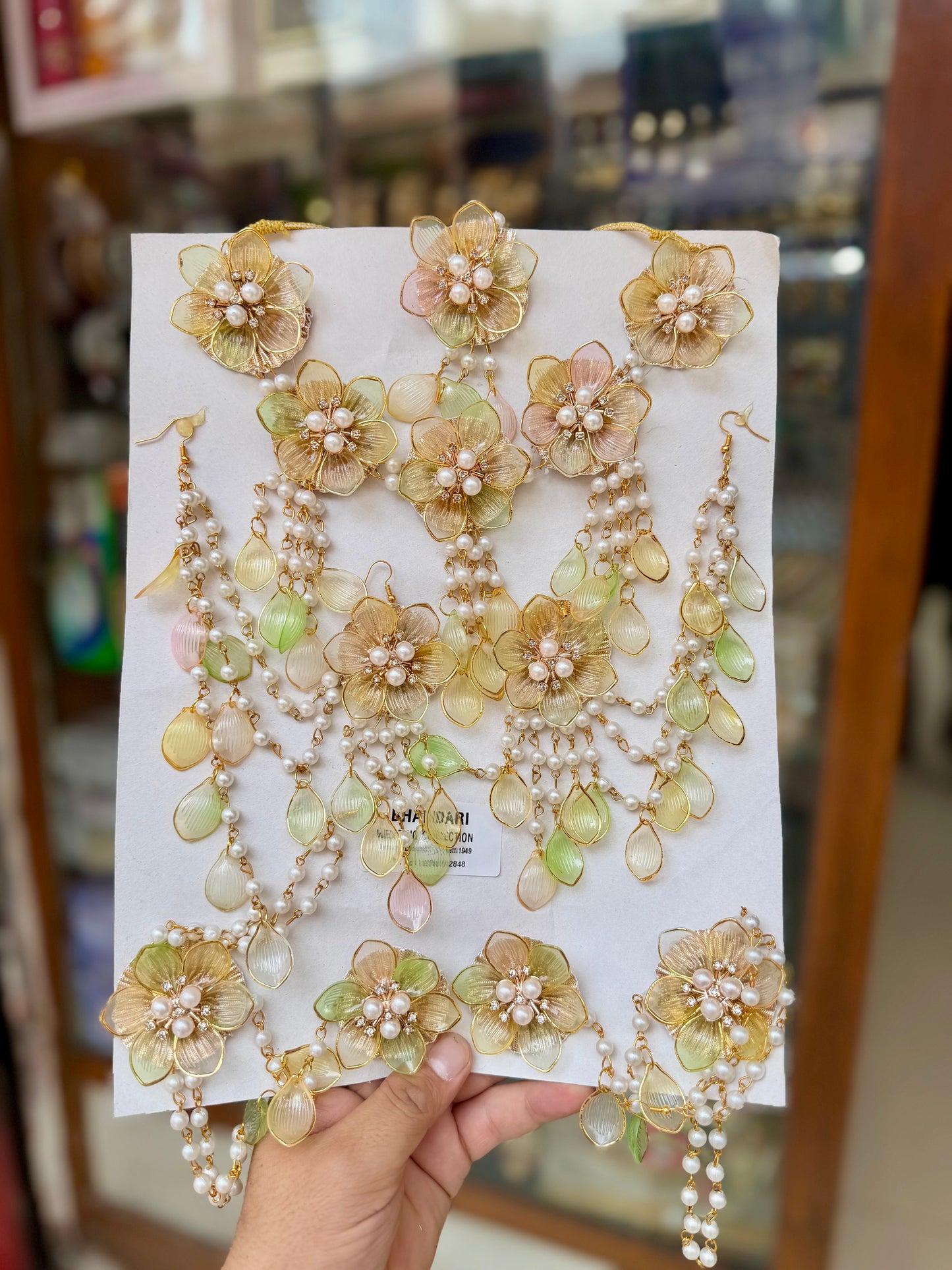 Ethereal Handcrafted Pearl and Gilded Floral Resin Jewellery Set - Complete Bridal/Festive Collection