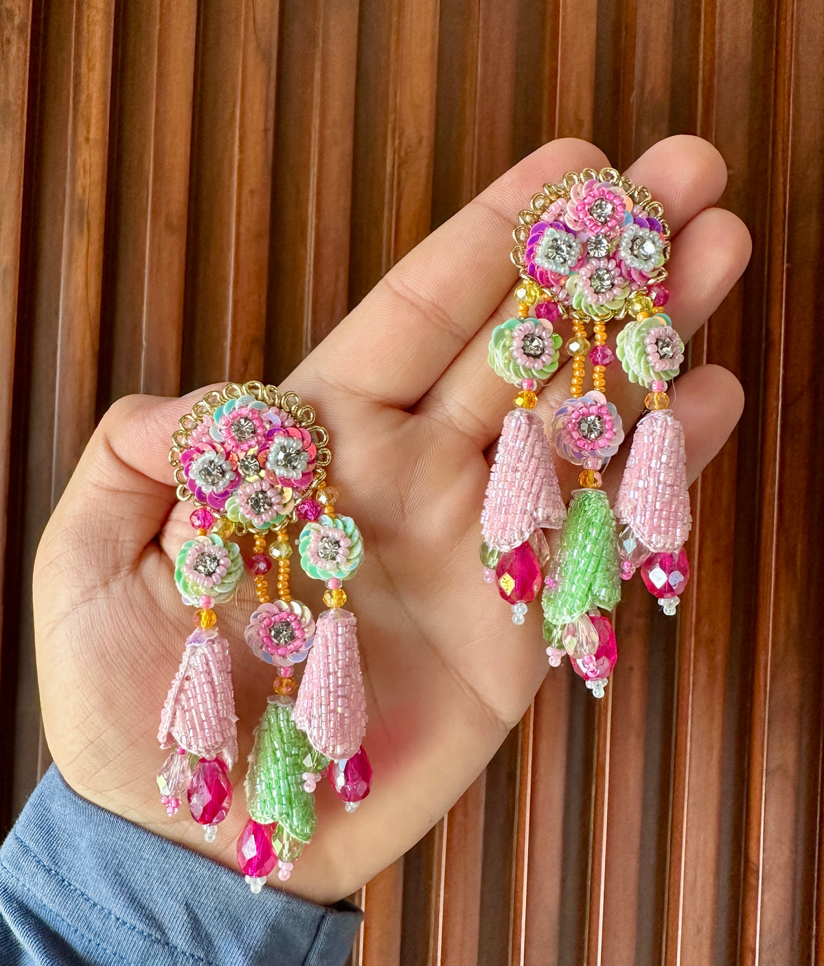 Pink & Mint Handmade Floral Beaded Tassel Earrings