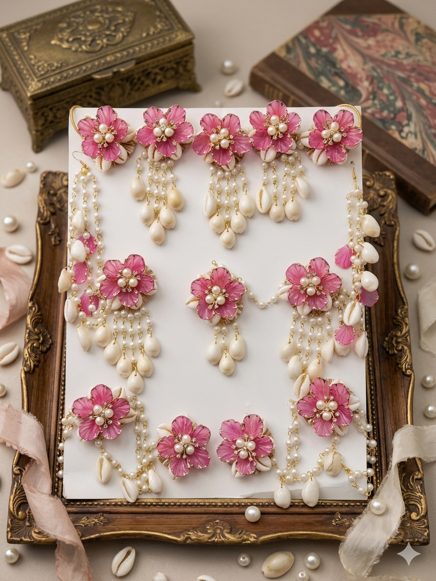 Enchanting Blossoms and Cowrie Dark Pink Shells Floral Jewellery Set.