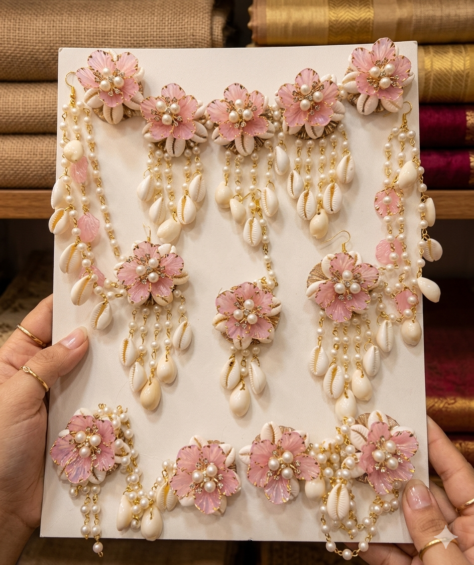 Light Pink Handcrafted Pearl and Cowrie Shells Floral Haldi & Mehandi Jewellery Set