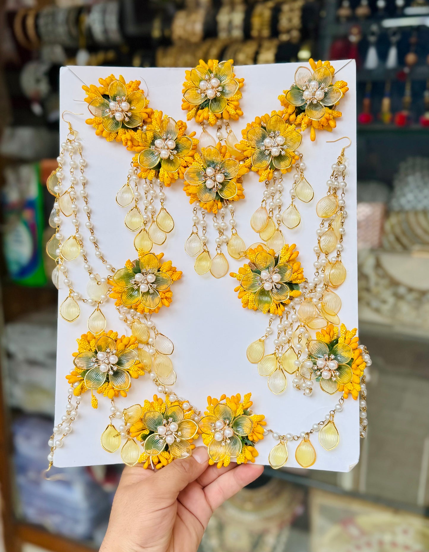 Sun-Kissed Petals: Handcrafted Golden Yellow Floral Jewelry Set with Pearl Centers for Haldi & Mehendi