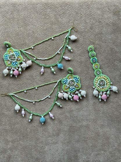 Mint Green Beaded Bridal Jewellery Set – Necklace, Earrings, Tikka & Hathphool