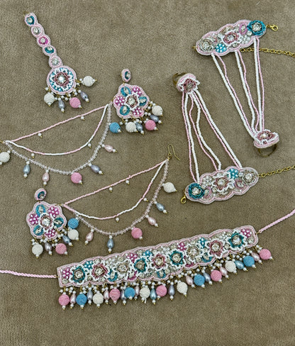 Pastel Blush Beaded Bridal Jewellery Set – Necklace, Earrings, Tikka & Hathphool