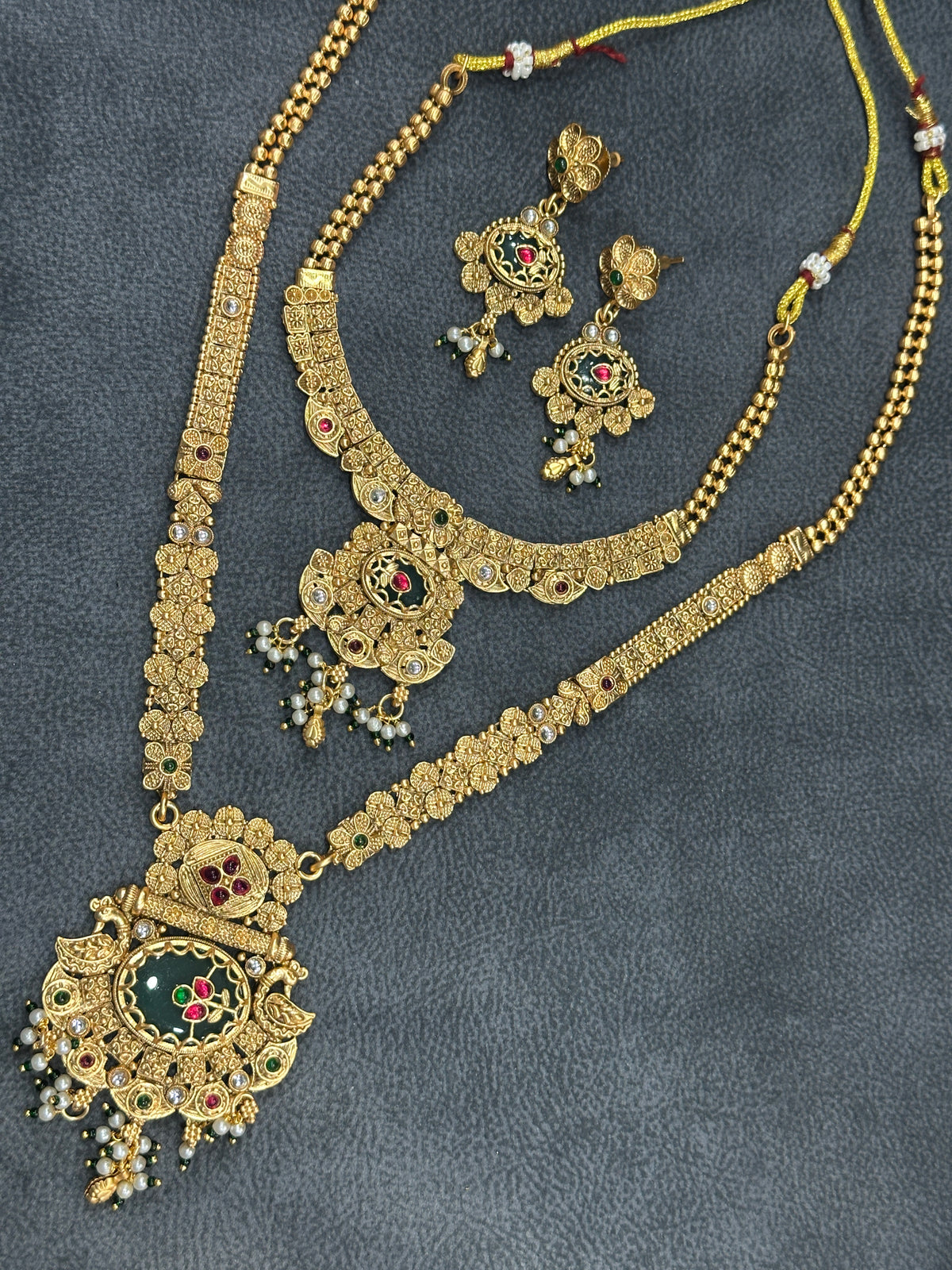 Antique Gold Elephant Motif Bridal Double Necklace Set with Haram & Earrings NS00026
