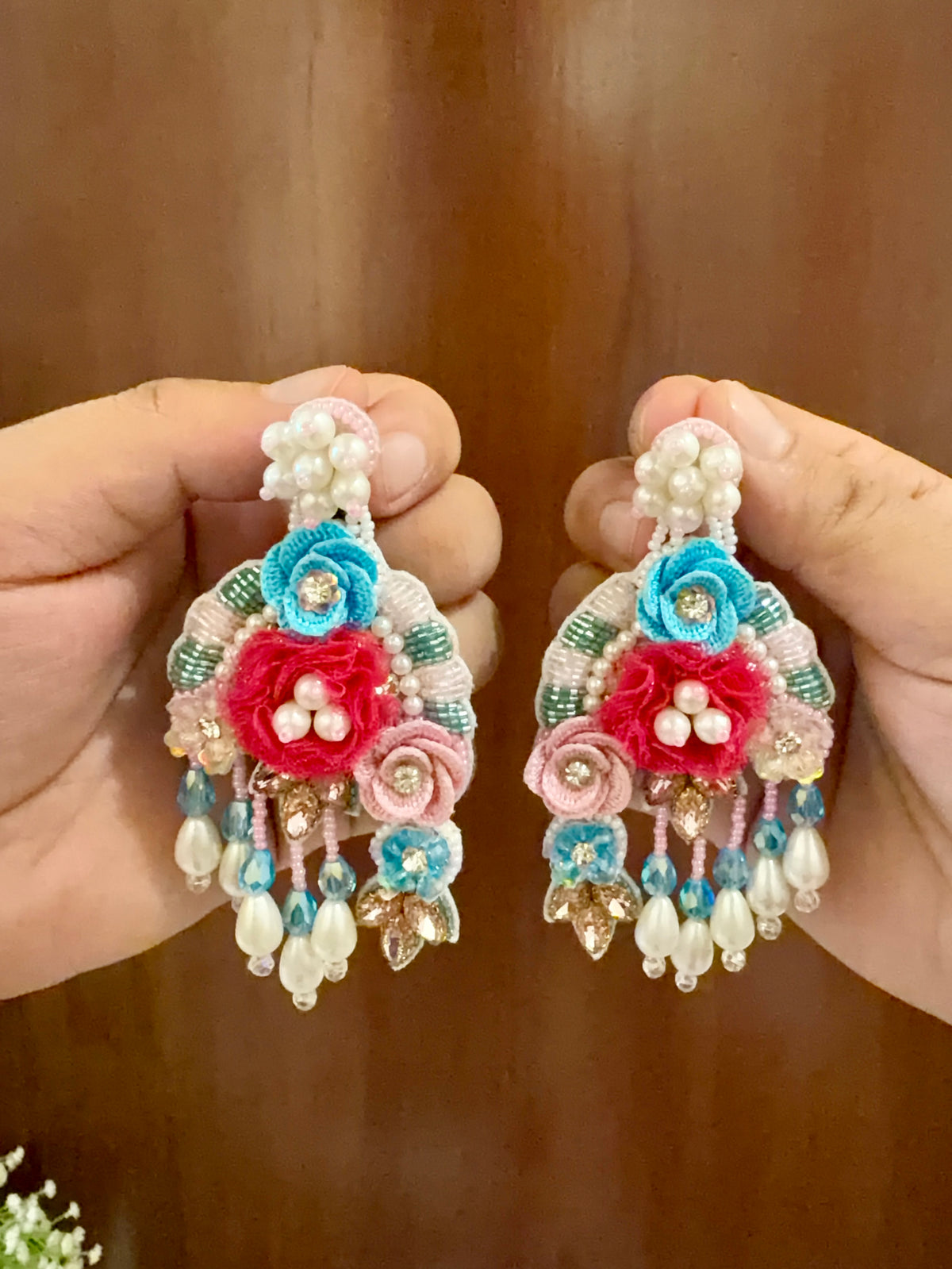 Red & Aqua Floral Beaded Earrings with Pearl-Look Drops