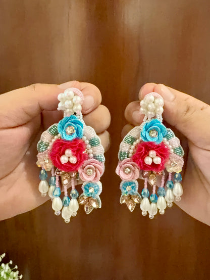 Red & Aqua Floral Beaded Earrings with Pearl-Look Drops