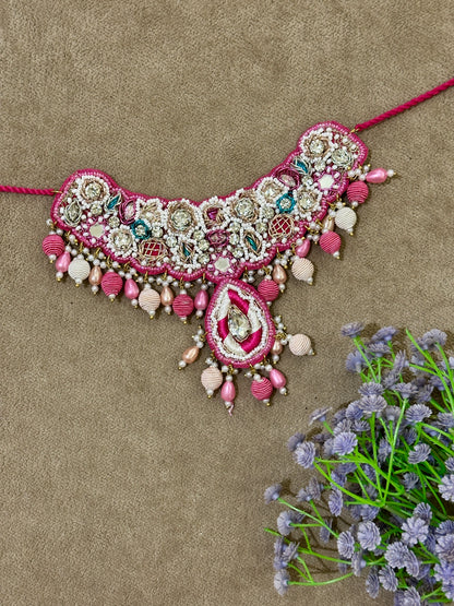 Magenta Soutache Bridal Jewellery Set – Necklace, Earrings, Tikka & Hathphool