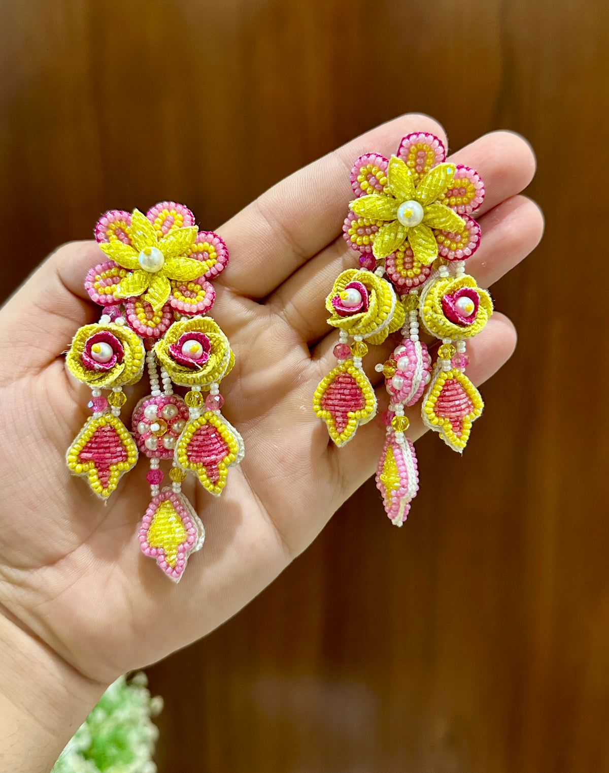 Yellow & Pink Handmade Beaded Floral Drop Earrings