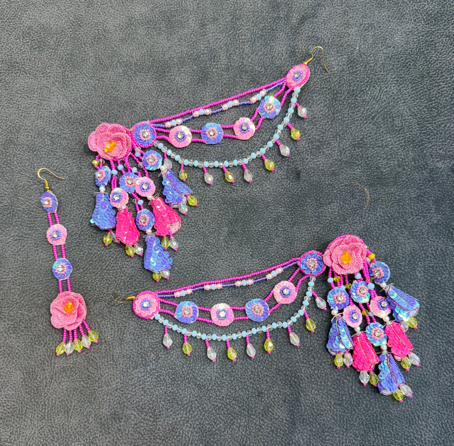 Beaded Handmade Jewellery Purple Pink Earring Tikka Set