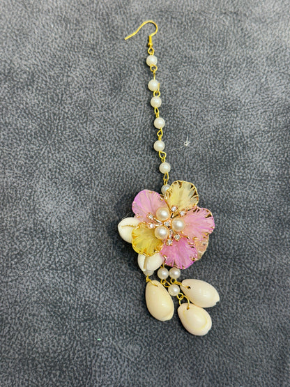 Pink & Yellow Cowrie Shell Floral Earring Tikka Set ET005