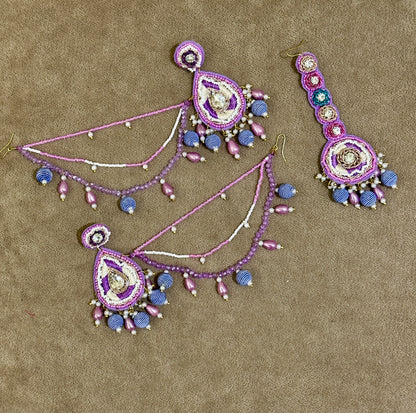 Lilac Beaded Haldi Jewellery Set – Necklace, Earrings, Tikka & Hathphool