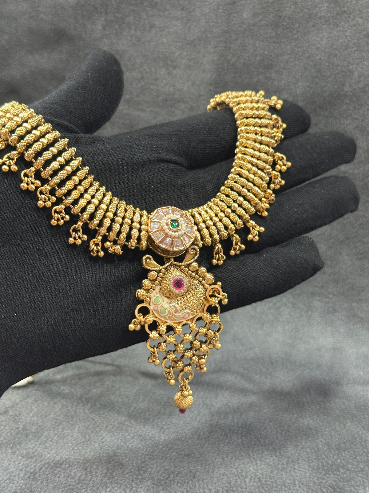 Antique Gold Meenakari Choker Necklace Set with Jhumka Earrings NS00029