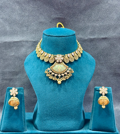 Kundan Meenakari Necklace Set with Fan Pendant & Ghungroo Drops NS00015