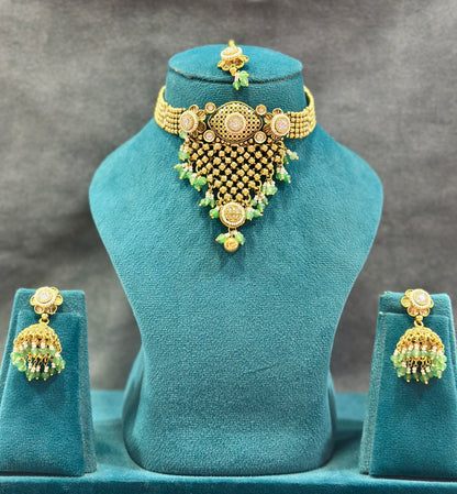 Kundan Pearl Choker Necklace Set with Mint Green Drops NS00020