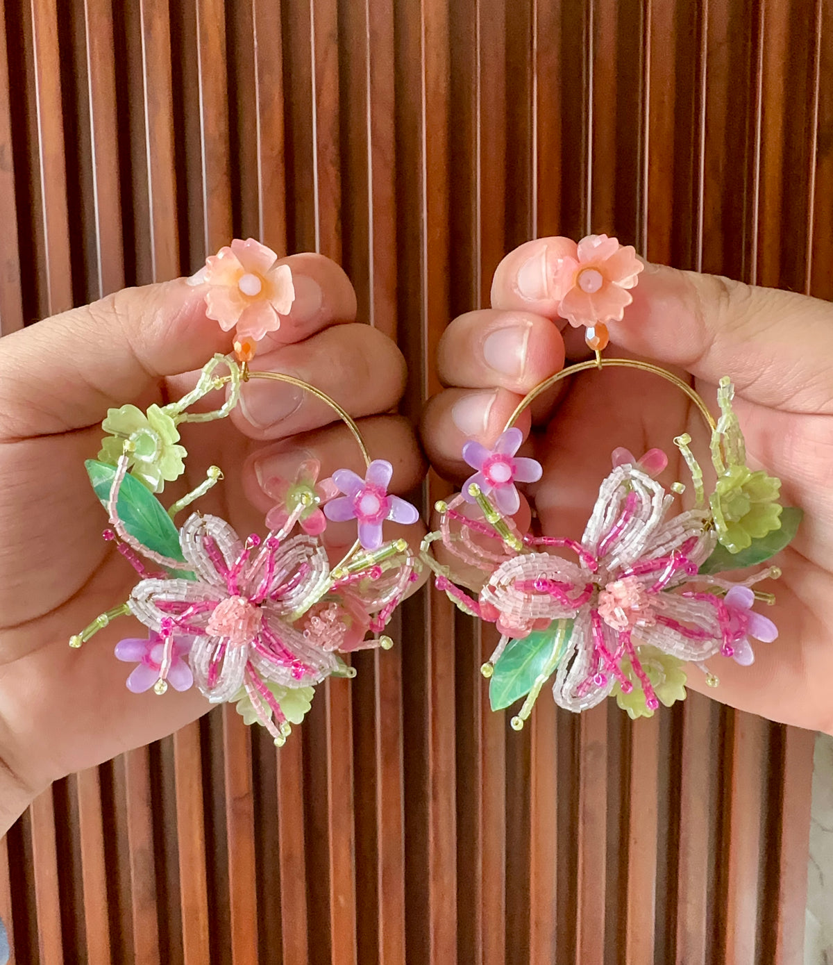 Pastel Floral Handmade Beaded Hoop Earrings