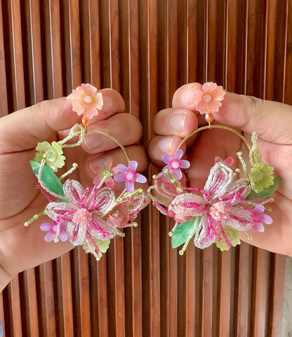 Pastel Floral Handmade Beaded Hoop Earrings