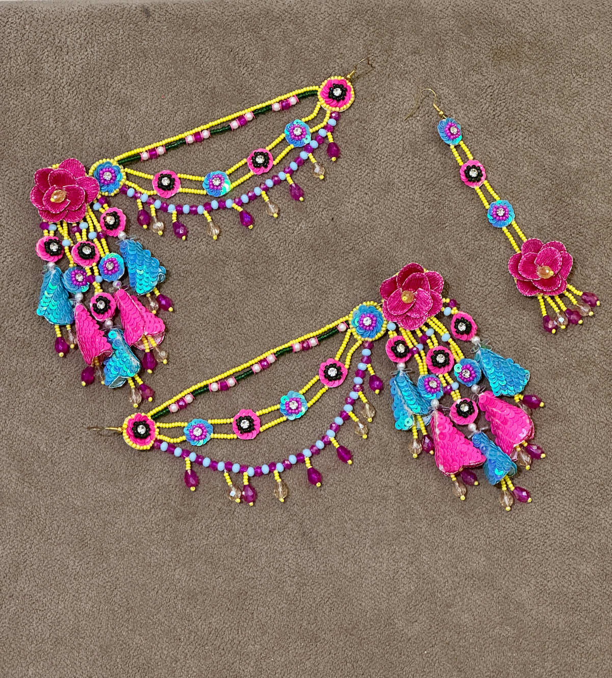 Beaded Earring Tikka Set in Pink, Yellow & Blue