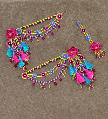 Beaded Earring Tikka Set in Pink, Yellow & Blue