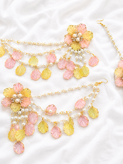 Pink & Yellow Petal Floral Earring Tikka Set ET0016